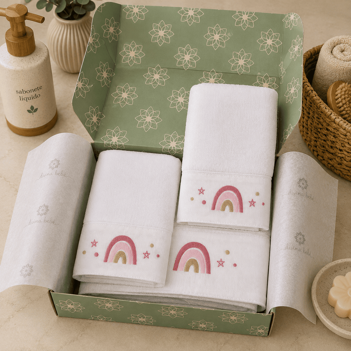 Kit fralda de ombro e boca bordado Arco Íris Rosa — Divino Bebê